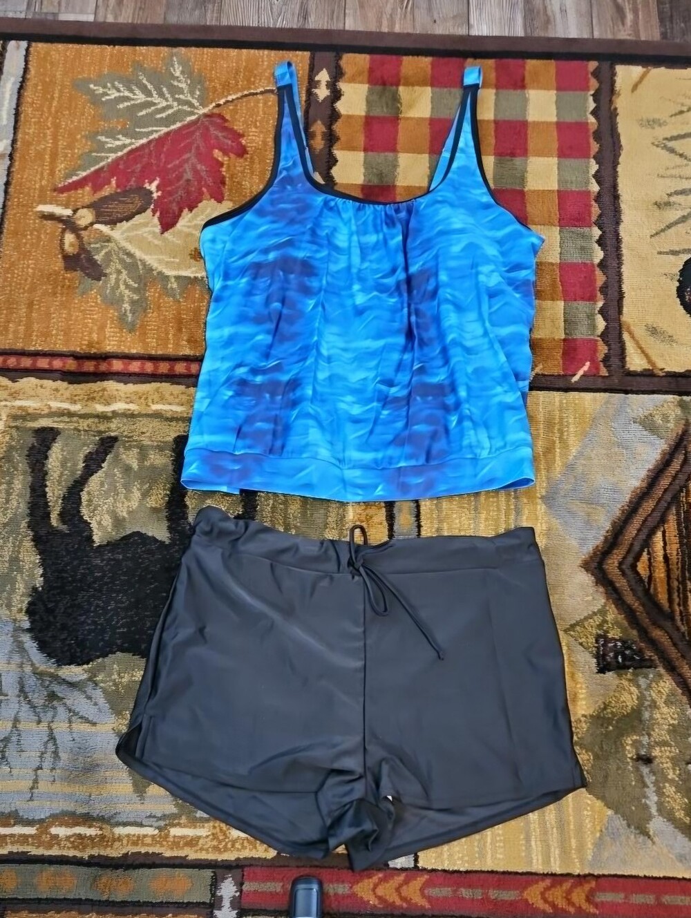 Women’s Blue Printed Tankini Coverup Top with Black Swim Shorts